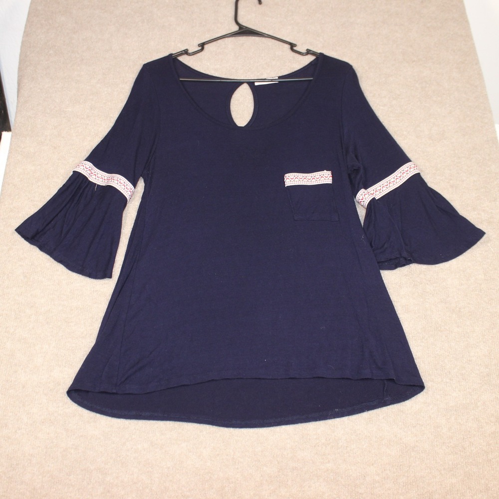 Pink Peony Navy Blue Bell Sleeve Boho Top with Embroidery‎ and Keyhole Back L